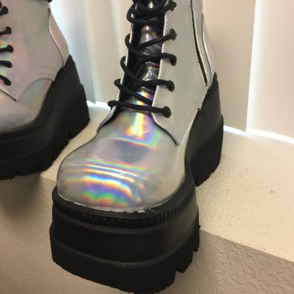 Demonia Silver Holographic Platform Boots - Picture 10 of 13